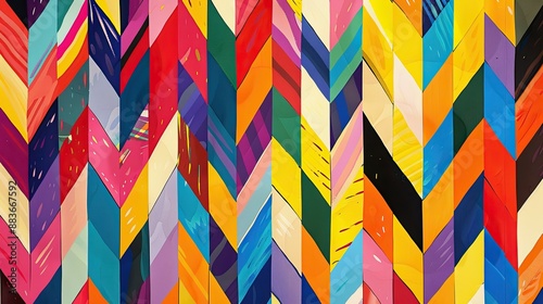 A colorful pattern of repeating zigzags, chevrons, and stripes, creating a bold and dynamic visual effect