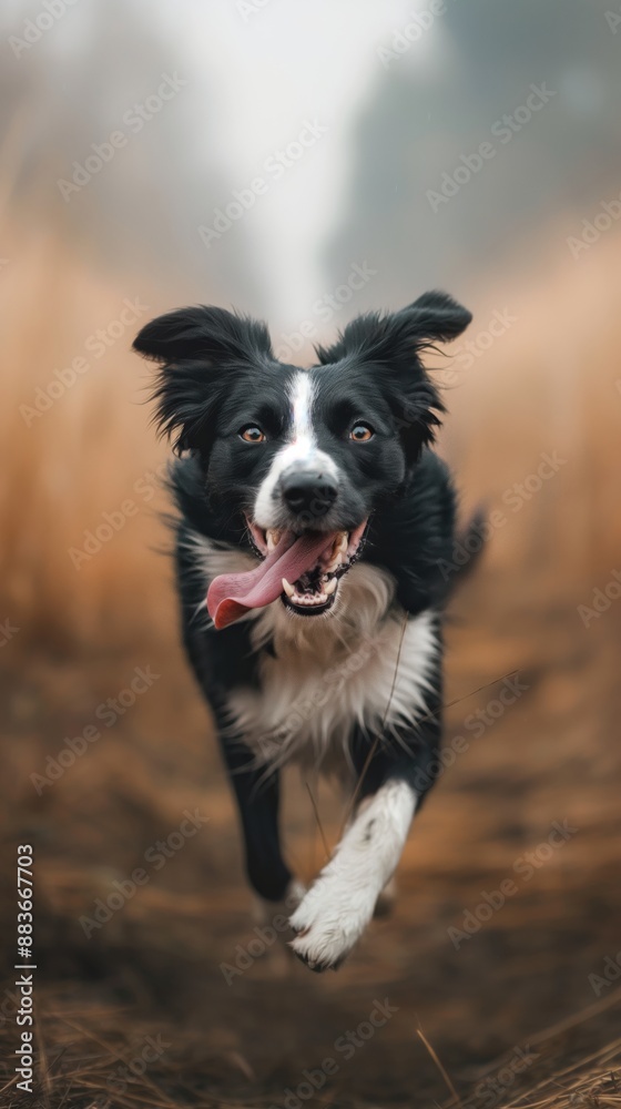 Excited Border Collie Running Through Field Excited Border Collie Running Through Field