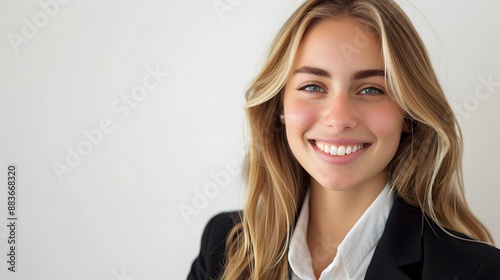 Perfect business lady. Beautiful young businesswoman looking at camera with smile while standing against white background. 