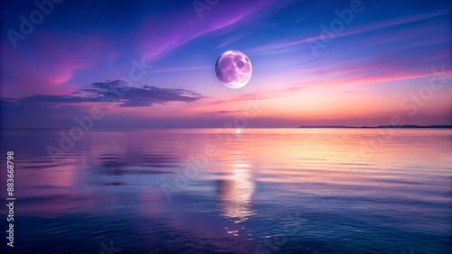 Serene ocean landscape at night under the soft glow of the full moon, with deep purple hues reflecting off the calm waters., purple, calm, night, ocean