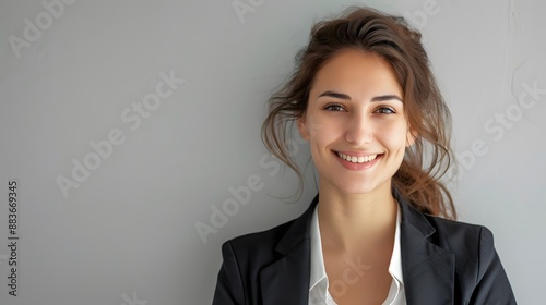 Perfect business lady. Beautiful young businesswoman looking at camera with smile while standing against white background. 