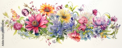 Exquisite Watercolor Botanical Illustration of Colorful Flowers and Intricate Leaves