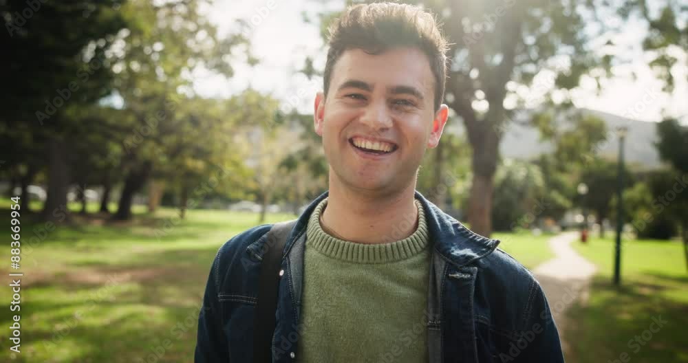 Man, face and student in outdoor for education, backpack and walking to lesson or university. Male person, portrait and learning opportunity or bag for studying, scholarship and confident on campus Man, face and student in outdoor for education, backpack and walking to lesson or university. Male person, portrait and learning opportunity or bag for studying, scholarship and confident on campus