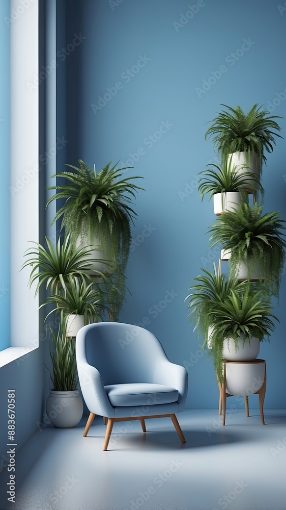 Fototapeta premium modern chair with the blue background plants