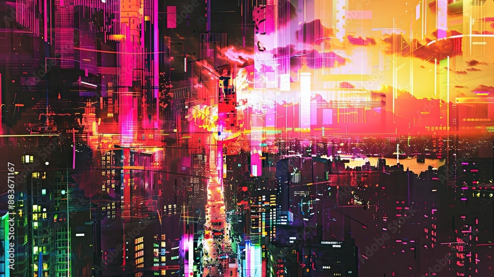 Fototapeta premium Glitch art cityscape with distorted buildings, fragmented neon signs, and digital noise