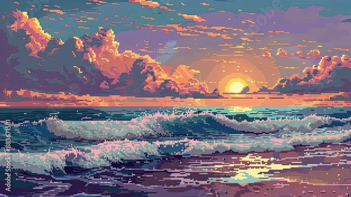 Pixel art beach with blocky waves, pixelated sun, and a digital sky photo