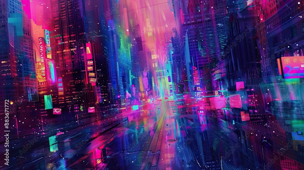 Glitch art cityscape with distorted neon lights, fragmented buildings, and digital artifacts Glitch art cityscape with distorted neon lights, fragmented buildings, and digital artifacts