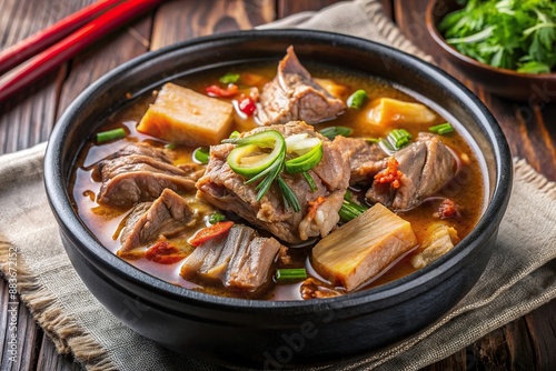 Korean soup close up Gamja tang (pork back bone stew), Korean, soup, back, close, Gamja, (pork photo