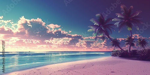 Tranquil Tropical Beach at Sunset with Pink Sand and Palm Trees photo