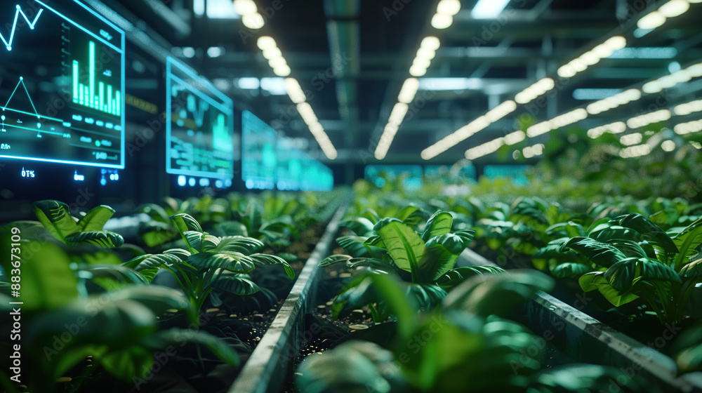 A high-tech farm with plants growing in an indoor tin