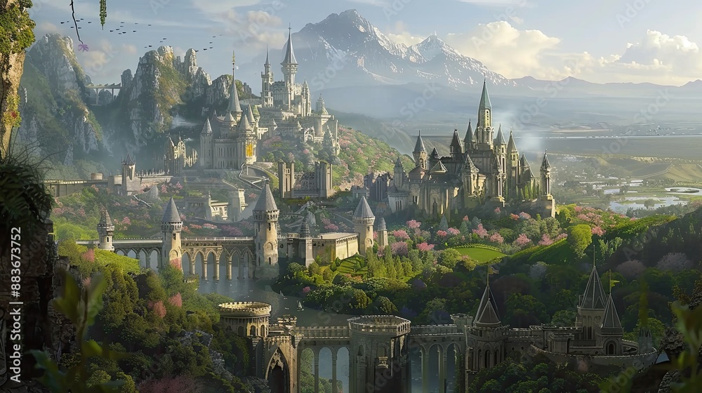 Naklejka premium A fantasy kingdom with majestic castles, rolling hills, and mythical creatures roaming the land