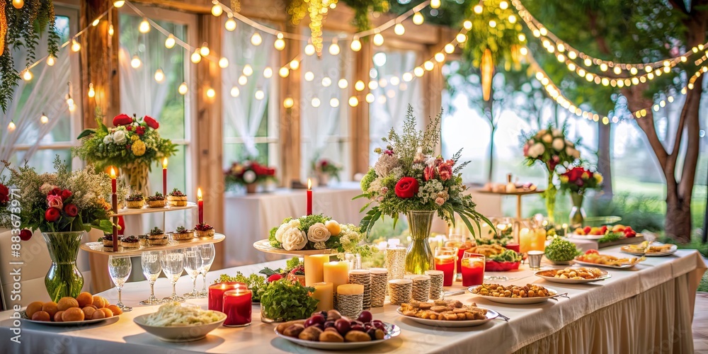 A Festive Table Setting with String Lights, Candles and Flowers, wedding , party , event , catering A Festive Table Setting with String Lights, Candles and Flowers, wedding , party , event , catering