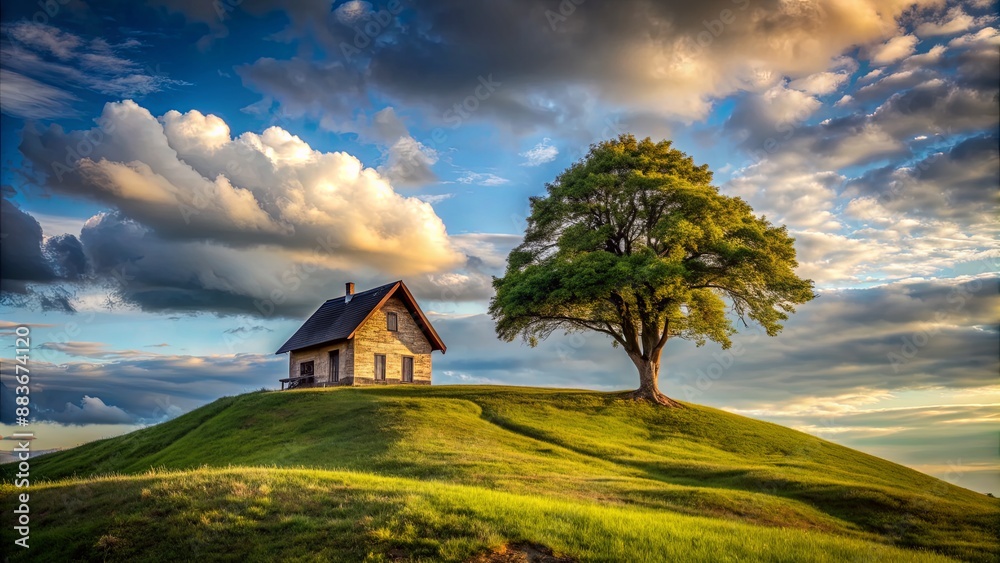 A Lonely Cabin on a Hilltop, Dramatic Clouds, a Lone Tree, Green Grass, Golden Sunlight, Landscape, Nature A Lonely Cabin on a Hilltop, Dramatic Clouds, a Lone Tree, Green Grass, Golden Sunlight, Landscape, Nature