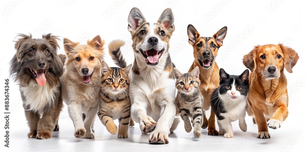 A Row of Happy Dogs and Cats Ready to Play, Photo of a row of happy dogs and cats in a playful mood with white background, white background, playful, pet photography, pets, cute A Row of Happy Dogs and Cats Ready to Play, Photo of a row of happy dogs and cats in a playful mood with white background, white background, playful, pet photography, pets, cute