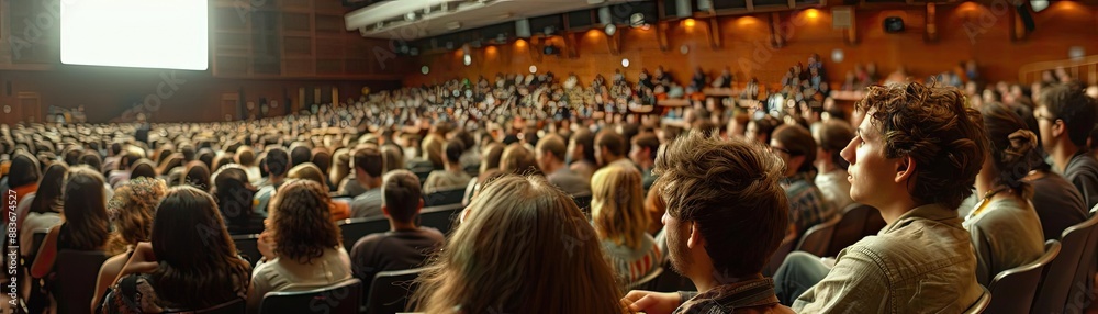 Obraz premium College students attending a lecture in a large auditorium, illustrating higher education
