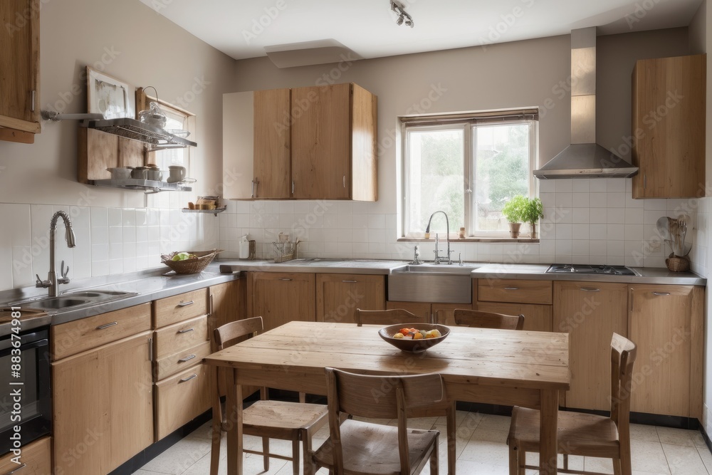 Fototapeta premium blurred Sleek cabinets and stainless steel appliances define a modern kitchen interior