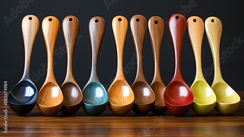 Artisan wooden spoons with water droplets: close-up of handcrafted wooden spoons with fresh water droplets on a rustic background 