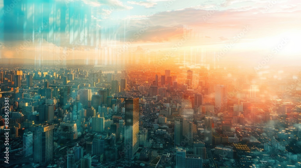Urban sprawl aerial view close up, focus on, copy space Expansive city, Double exposure silhouette with progress Urban sprawl aerial view close up, focus on, copy space Expansive city, Double exposure silhouette with progress
