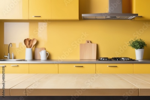 blurred colorful Sleek cabinets and stainless steel appliances define a modern kitchen interior with empty tabletop