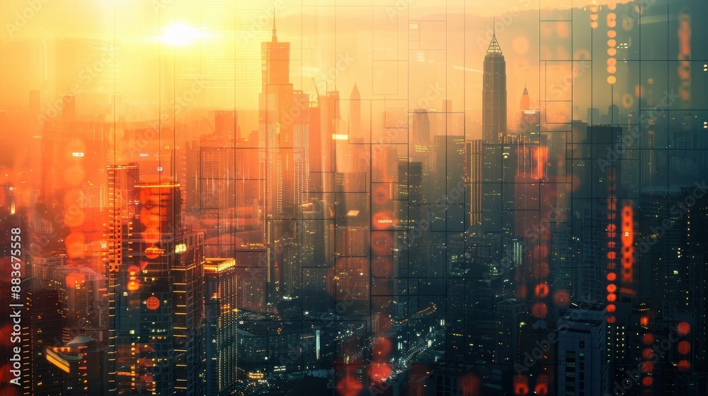 Fototapeta premium Highrise buildings skyline close up, focus on, copy space Majestic view, Double exposure silhouette with modernity