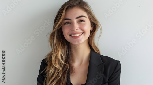 Perfect business lady. Beautiful young businesswoman looking at camera with smile while standing against white background. 