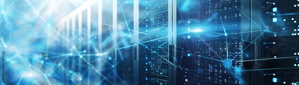 Fototapeta premium Cloud computing data centers close up, focus on, copy space Powerful servers, Double exposure silhouette with internet connectivity