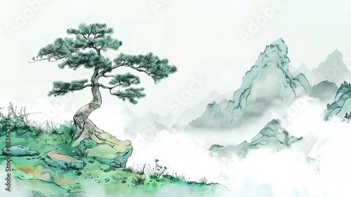 Traditional Chinese landscape painting of a lonely pine tree on a precipice photo