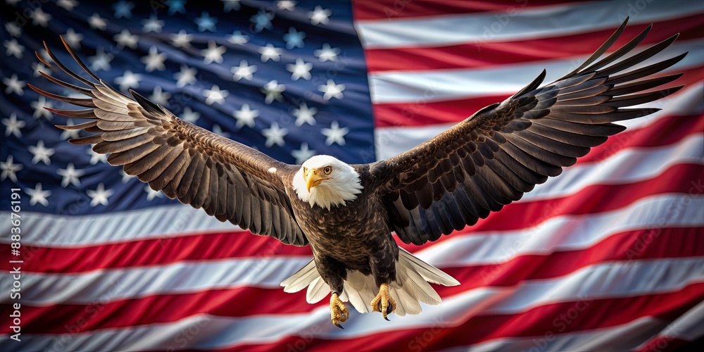 Naklejka premium Bald Eagle Soaring Against American Flag, Patriotism, Symbolism, Freedom, Nationalism