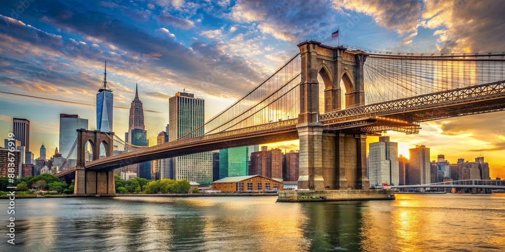 Fototapeta premium Brooklyn Bridge Sunset, New York City Skyline, Golden Hour, Bridge Architecture, Cityscape, New York, Bridge