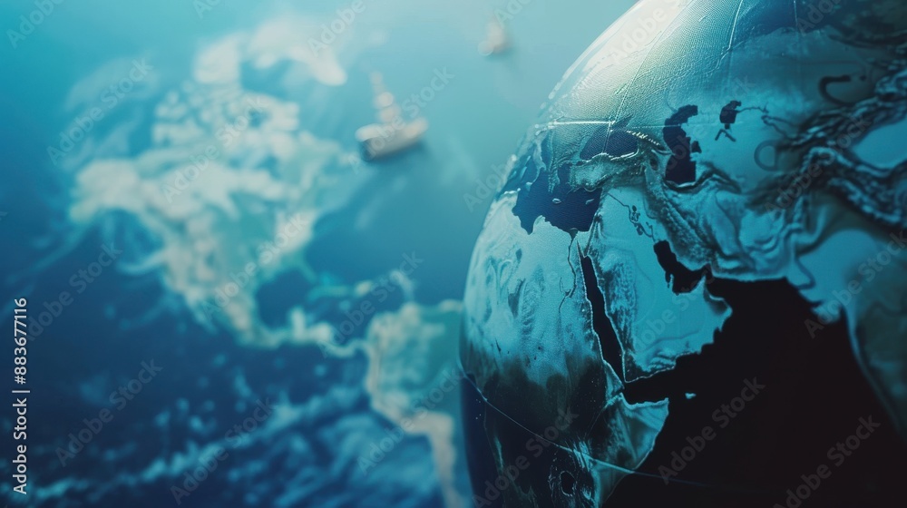Obraz premium Globe with oceans close up, focus on, copy space Blue waters, Double exposure silhouette with navigation