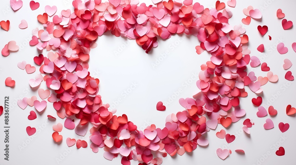 Heart-Shaped Arrangement of Red and Pink Paper Hearts on a White Background Heart-Shaped Arrangement of Red and Pink Paper Hearts on a White Background