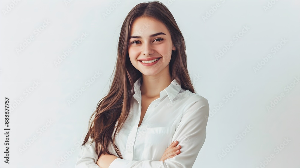 Perfect business lady. Beautiful young businesswoman looking at camera with smile while standing against white background. Perfect business lady. Beautiful young businesswoman looking at camera with smile while standing against white background.