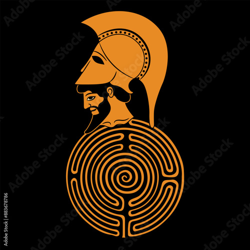 Head of a bearded Ancient Greek man wearing helmet and a round spiral maze or labyrinth symbol. Theseus. Creative mythological symbol.
