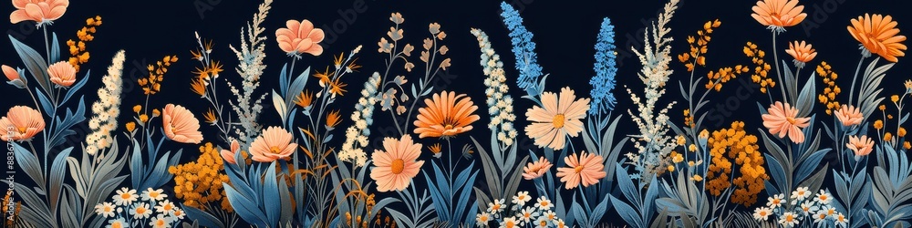Elegant Floral Pattern with Blue and Orange Blossoms on Dark Background for Wallpaper, Fabric, and Decorative Designs Elegant Floral Pattern with Blue and Orange Blossoms on Dark Background for Wallpaper, Fabric, and Decorative Designs