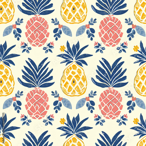 A seamless pineapple pattern, ideal for candy wrappers. This repeating design captures the tropical and juicy look of pineapples in a detailed, illustrated style.


