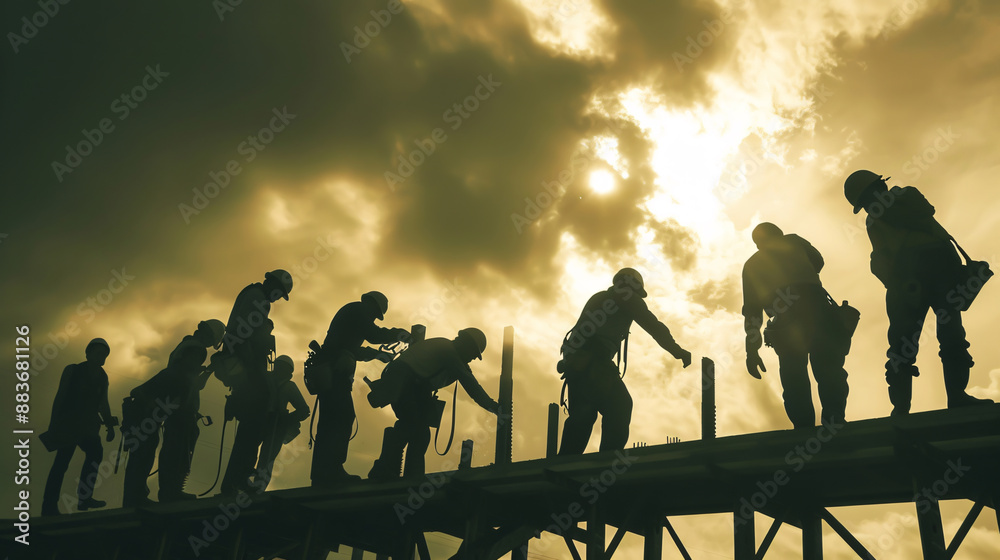 Silhouette of construction workers on a scaffold at sunset, with cranes in the background. Silhouette of construction workers on a scaffold at sunset, with cranes in the background.