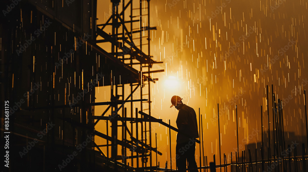 Silhouette of a construction worker in the rain at sunset. Silhouette of a construction worker in the rain at sunset.