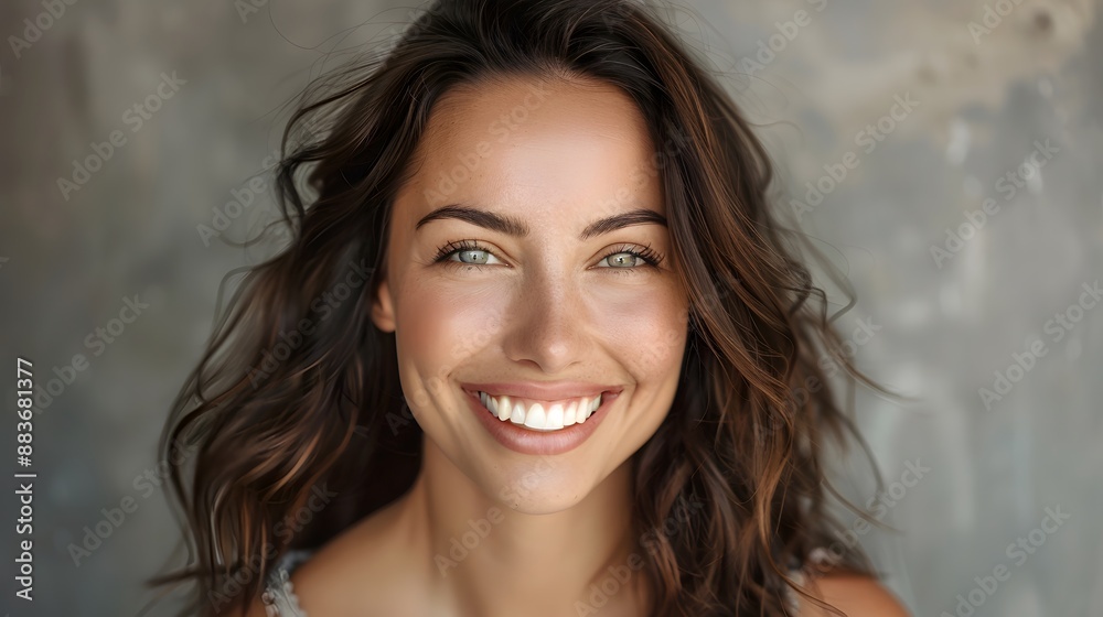 Big bright white smile headshot with a beautiful brunette woman sincere happy cheerful positive expression. Big bright white smile headshot with a beautiful brunette woman sincere happy cheerful positive expression.