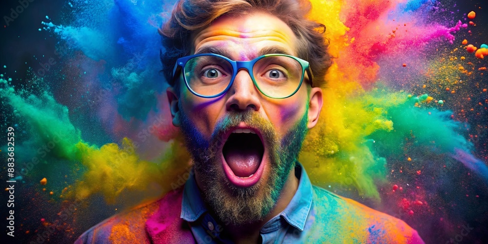 Man with Colorful Beard and Glasses in a Burst of Powder, Holi Festival, Color Explosion, Colorful Portrait, Powder Paint, Holi Celebration , festival Man with Colorful Beard and Glasses in a Burst of Powder, Holi Festival, Color Explosion, Colorful Portrait, Powder Paint, Holi Celebration , festival