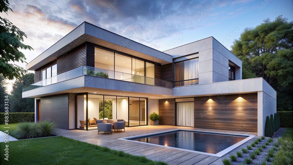 Modern House with Pool and Deck at Dusk, house , pool , modern , architecture Modern House with Pool and Deck at Dusk, house , pool , modern , architecture