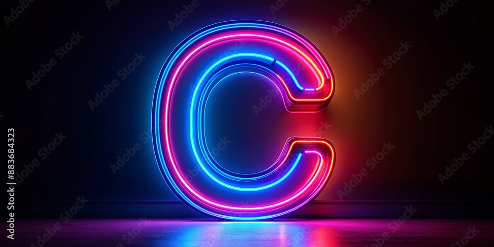 Neon Glowing Letter C, 3D Render, Blue and Pink Lights, Abstract, 3D Modeling, Neon Sign,  Light