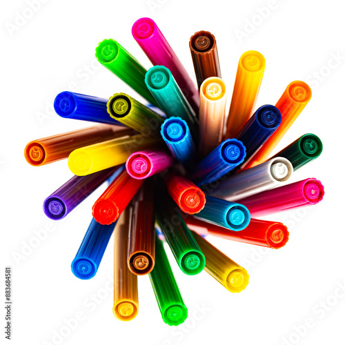 Colorful markers isolated on white background, top view. Creativity, artistic tool