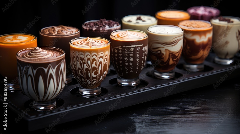 Artistic Latte Creations in Handcrafted Mugs. Array of handcrafted ceramic mugs featuring intricate latte art patterns on a dark textured surface Artistic Latte Creations in Handcrafted Mugs. Array of handcrafted ceramic mugs featuring intricate latte art patterns on a dark textured surface