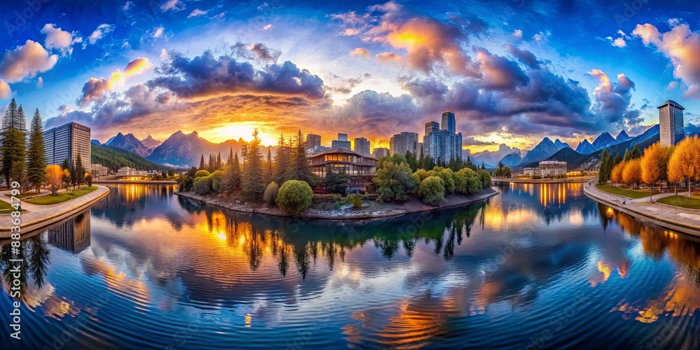 Fototapeta premium Panoramic View of a Cityscape with a Mountain Range and a Lake Reflection, landscape , cityscape , mountains , reflection