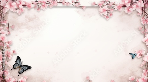 Beautiful floral frame with delicate blossoms and butterflies on a pastel background photo