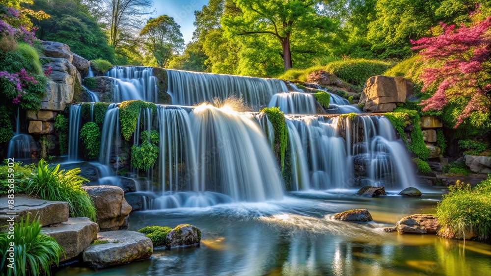 Serene Waterfall Cascading Through Lush Greenery, Long Exposure, Vibrant Colors, Tranquil Nature, Waterfall, Nature, Photography