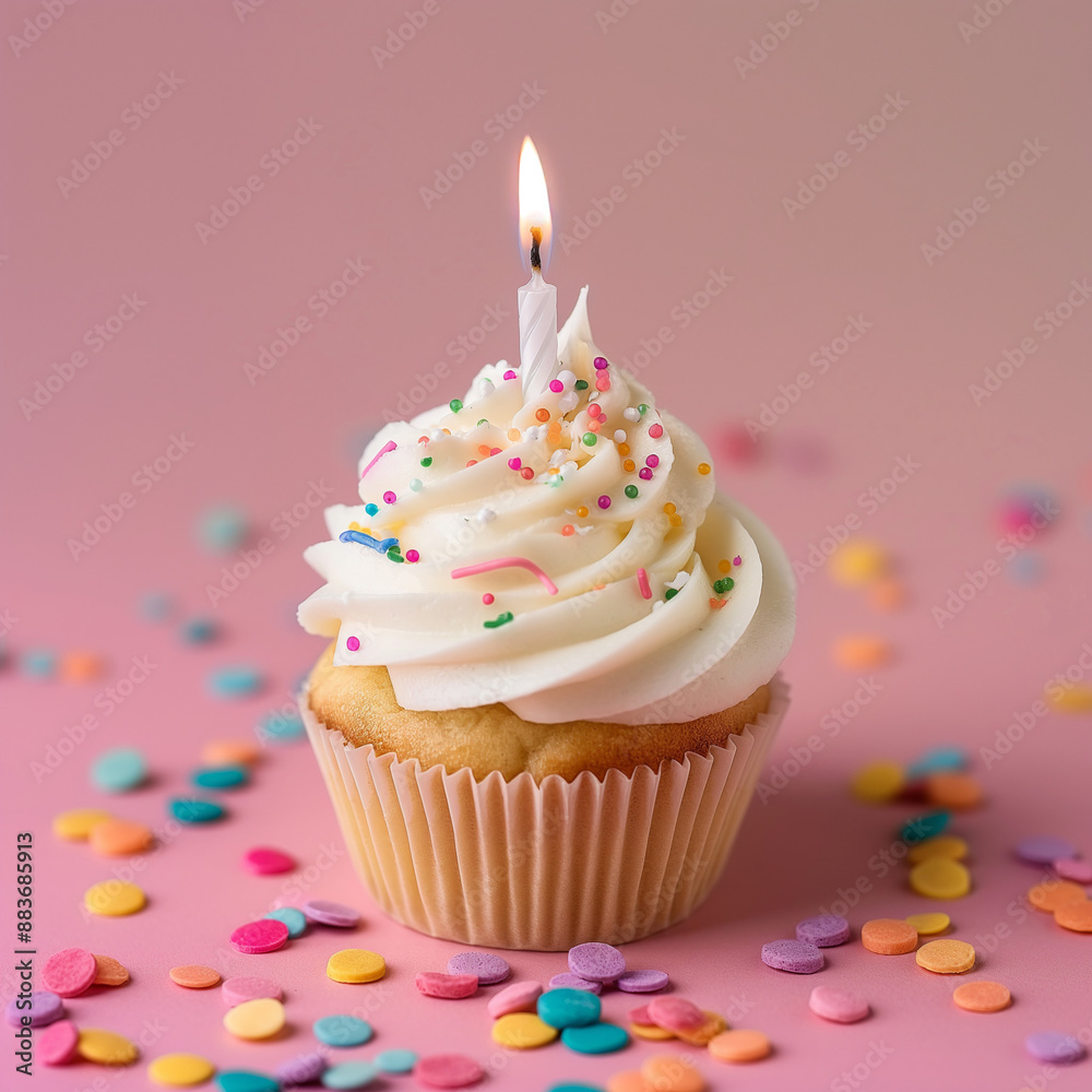Birthday cupcake with lit candle and colorful sprinkles, pink background with copy space Birthday cupcake with lit candle and colorful sprinkles, pink background with copy space