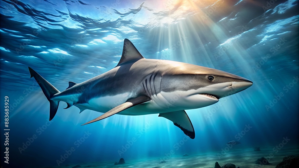 Fototapeta premium Shark Silhouette in Sunlit Ocean Depths, ocean, underwater, shark, predator