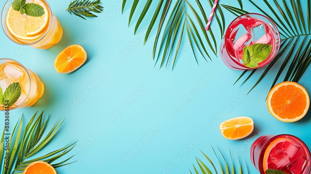 Naklejka premium A flat lay of refreshing summer drinks, citrus fruit slices, and palm leaves on a blue background.
