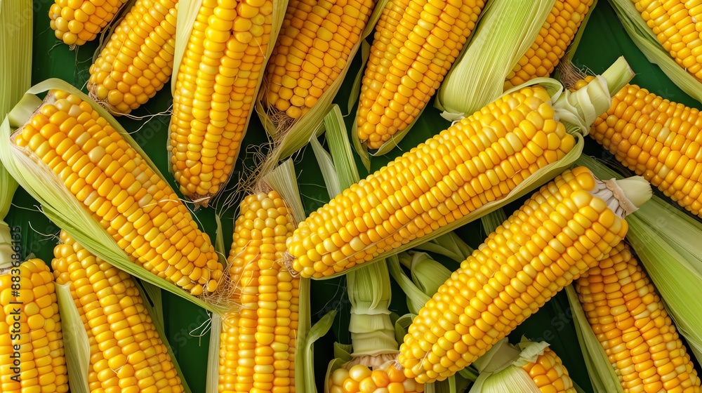 Close-up of fresh corn on the cob with husks still attached, on a green background. Close-up of fresh corn on the cob with husks still attached, on a green background.